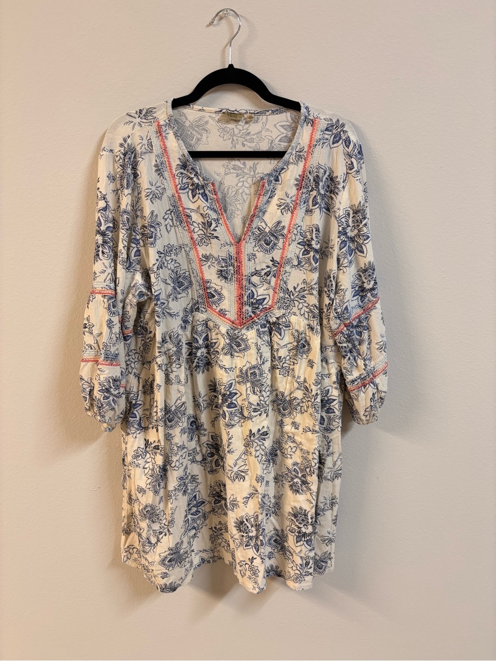 True Craft Cream Tunic with Blue Botanical Print and Coral Trim
